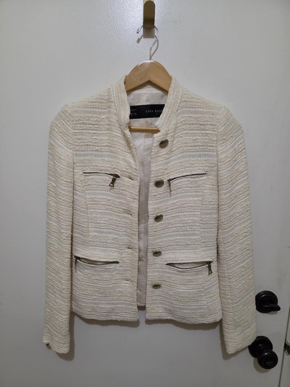 Zara Cream with Iridescent Threads Textured Button-Front Jacket & Zipper Details